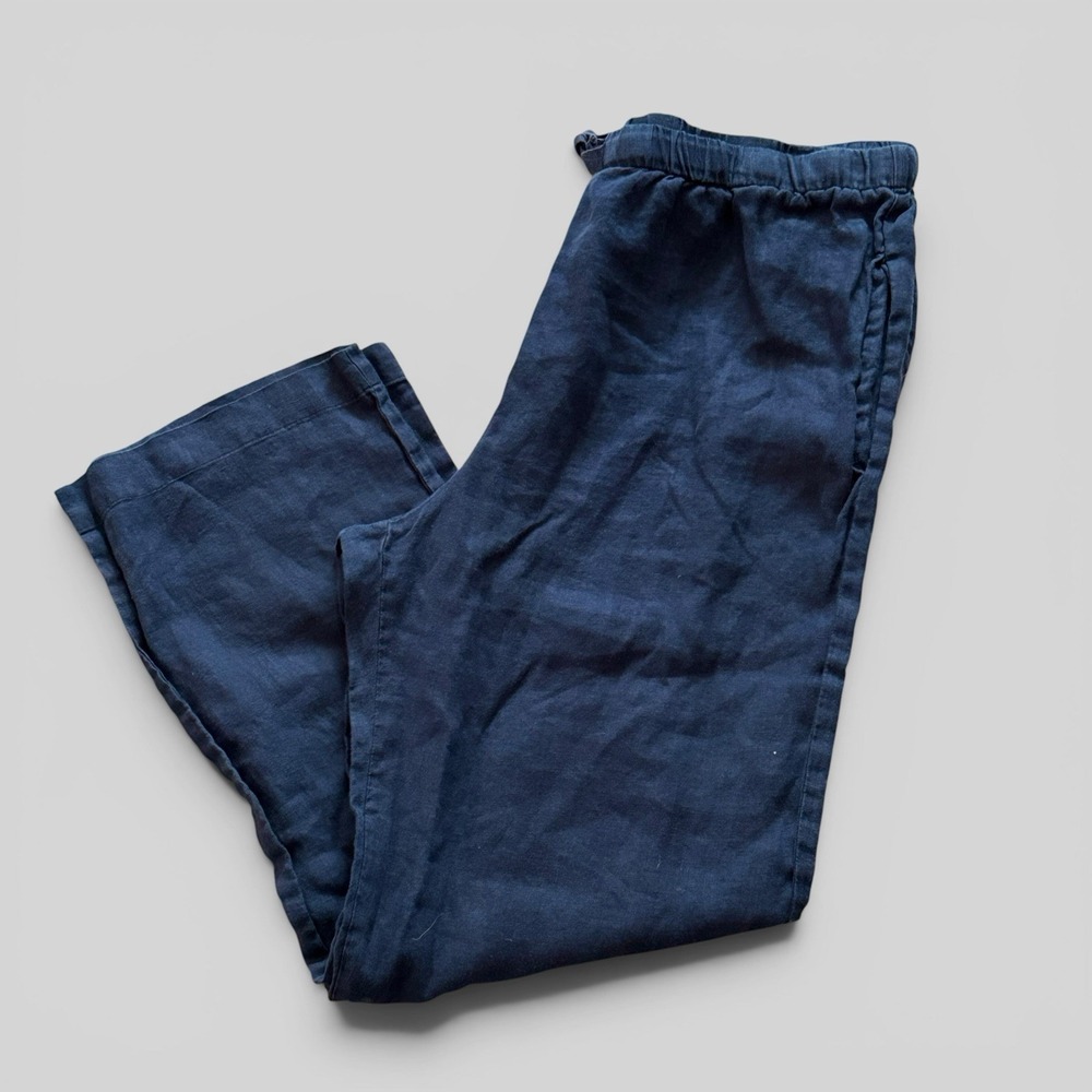 Quince 100% Linen Pants Navy Elastic Waist Pockets Coastal Minimalist Womens L